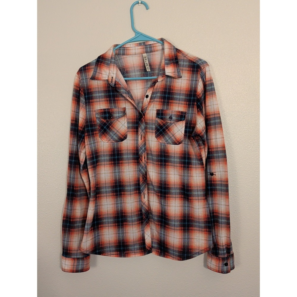 R N B Women's Flannel Long Sleeve Shirt Button Down Red Plaid Size Large